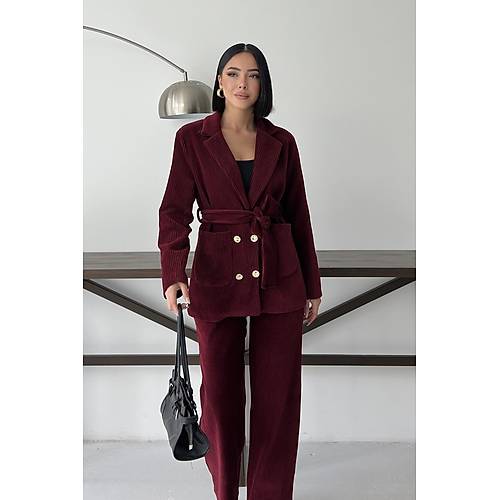 Bordo Fitilli Kadife Ceket Pantolon Tak�m