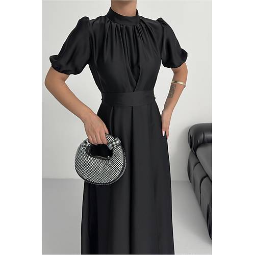 Nil Lacivert Klo� Etek K�sa Kol Midi Boy Saten Abiye Elbise Lacivert