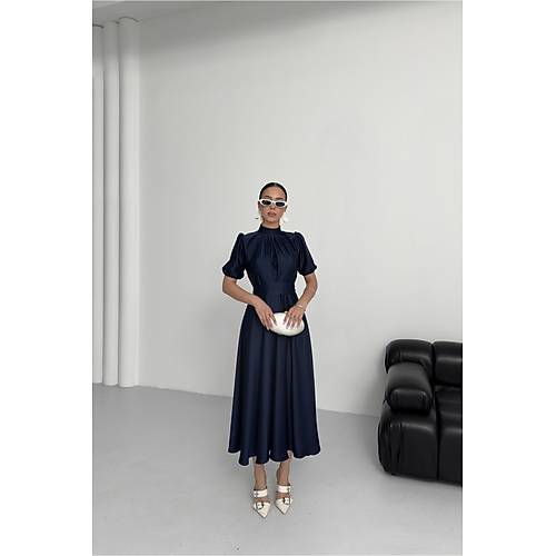 Nil Lacivert Klo Etek Ksa Kol Midi Boy Saten Abiye Elbise Lacivert