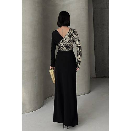 Siyah Gold Desenli Kruvaze Uzun Abiye Elbise