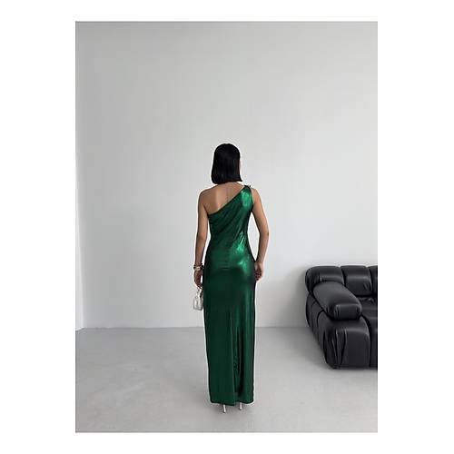 Kadn Omuz Aksesuarl Volanl yrtma parlak kuma Abiye Mezuniyet Nikah Lacivert Elbise