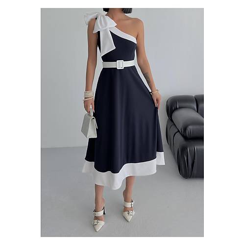 Tek Omuz Kemerli Kadn Midi Mor Abiye Elbise Fiyonk Detayl k Tasarm