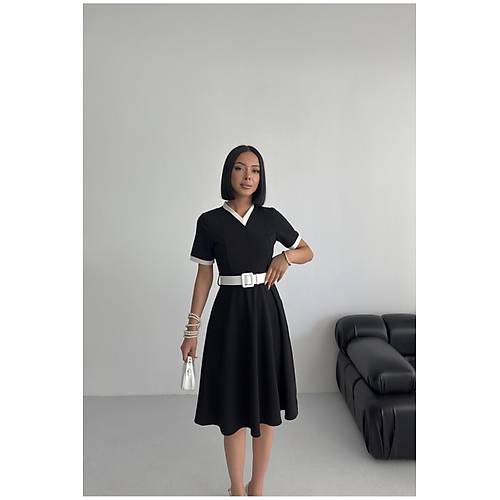 V Yaka ift Renk Midi Kemerli Krmz Elbise