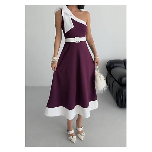 Tek Omuz Kemerli Kadn Midi Mor Abiye Elbise Fiyonk Detayl k Tasarm