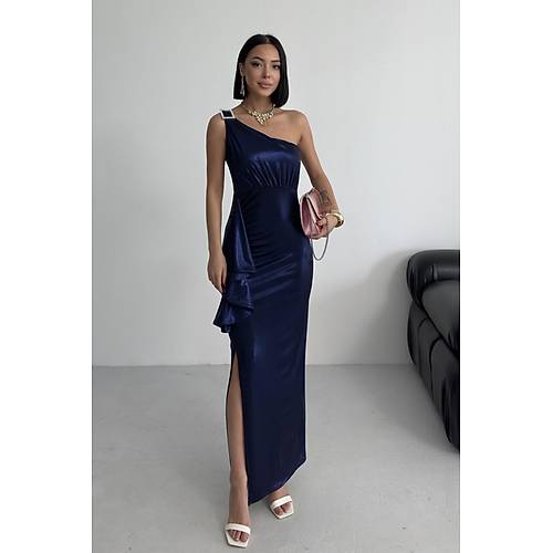 Kadn Omuz Aksesuarl Volanl yrtma parlak kuma Abiye Mezuniyet Nikah Lacivert Elbise