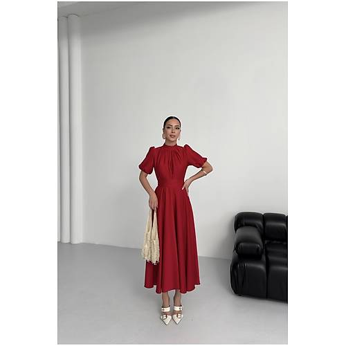 Nil Lacivert Klo Etek Ksa Kol Midi Boy Saten Abiye Elbise Lacivert