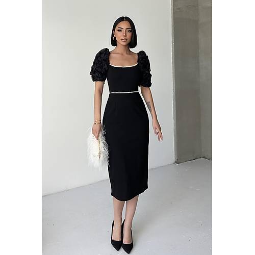 zel Tasarm nci Detayl Balon Kol Abiye Siyah Elbise