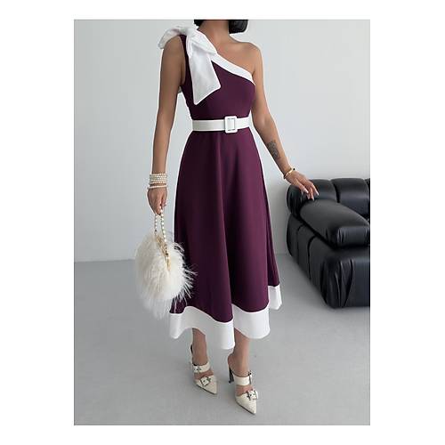 Tek Omuz Kemerli Kadn Midi Mor Abiye Elbise Fiyonk Detayl k Tasarm