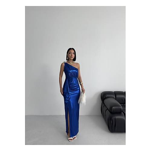 Kadn Omuz Aksesuarl Volanl yrtma parlak kuma Abiye Mezuniyet Nikah Lacivert Elbise