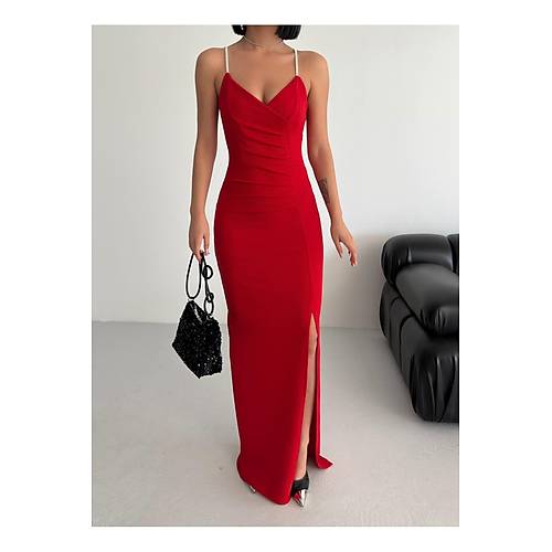 Scuba Kuma� Ask� Ta� Detay Ince Ask�l� Y�rtma�l� Abiye Elbise Bordo
