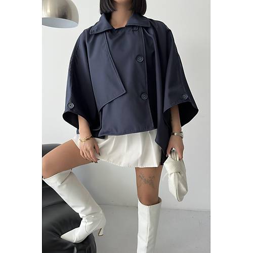 Siyah Yarasa Kol Detay Yakal Dmeli Rahat Kalp Oversize Midi Boy Trenkot