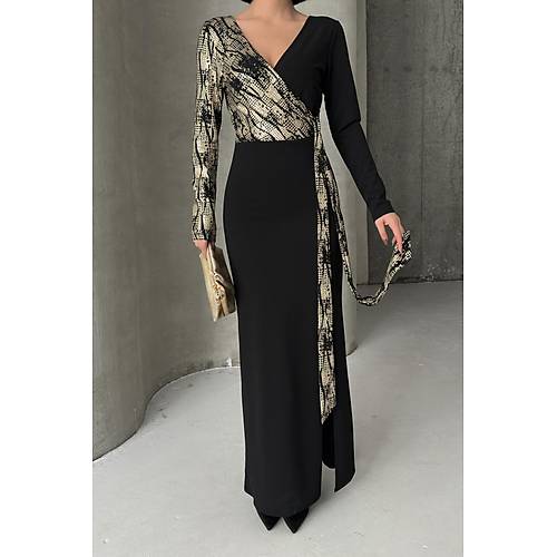 Siyah Gold Desenli Kruvaze Uzun Abiye Elbise
