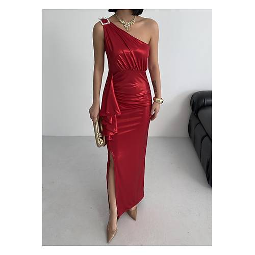 Kadn Omuz Aksesuarl Volanl yrtma parlak kuma Abiye Mezuniyet Nikah Lacivert Elbise