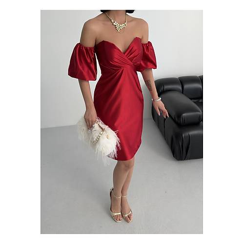 Bandeau Balon Kol Bodycon Mini Abiye Elbise