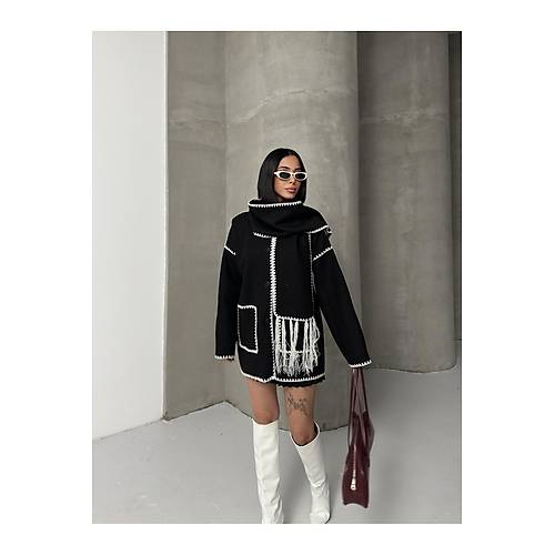 Nak Detayl Atkl Yumuak Triko Hrka Ceket Siyah