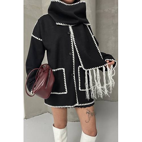 Nak Detayl Atkl Yumuak Triko Hrka Ceket Siyah