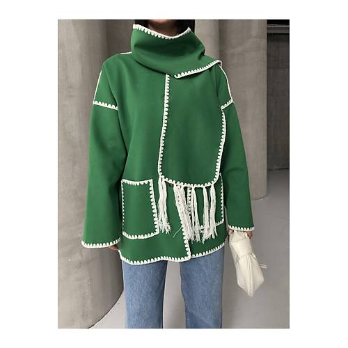 Nak Detayl Atkl Yumuak Triko Hrka Ceket Siyah