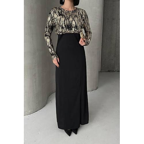 Siyah Gold Desenli Uzun Kollu k Maxi Abiye Elbise