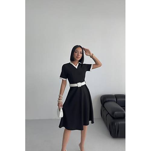 V Yaka ift Renk Midi Kemerli Krmz Elbise