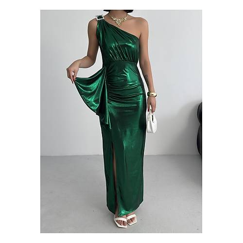 Kadn Omuz Aksesuarl Volanl yrtma parlak kuma Abiye Mezuniyet Nikah Lacivert Elbise