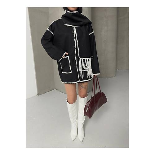 Nak Detayl Atkl Yumuak Triko Hrka Ceket Siyah