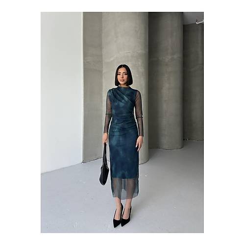 Kadn Hakim Yaka Transparan Tl Kollu Astarl Drapeli Midi Abiye Puantiyeli Elbise