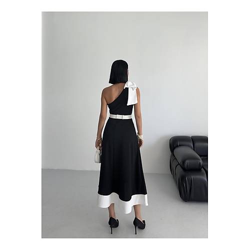 Tek Omuz Kemerli Kadn Midi Mor Abiye Elbise Fiyonk Detayl k Tasarm