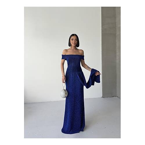 Dk Omuz Drapeli Simli Abiye Elbise