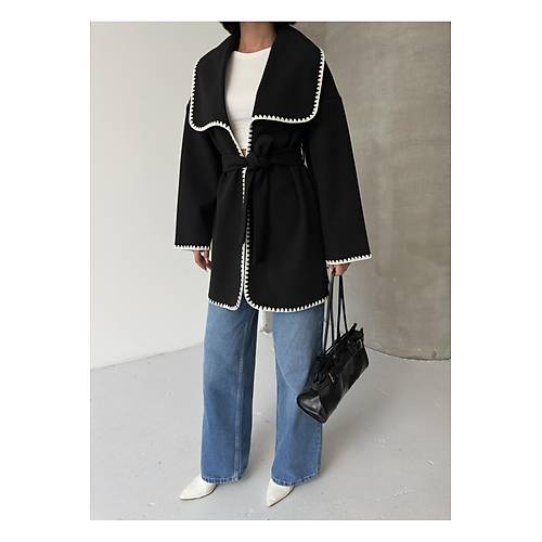 Nak�� Detayl� Kemerli Yumu�ak Siyah Ceket