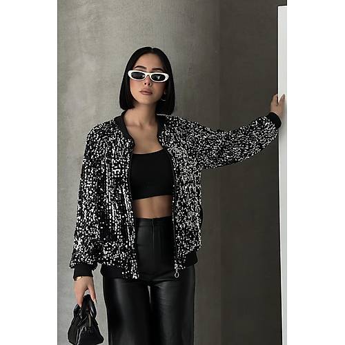 Payetli Bomber Ceket Siyah