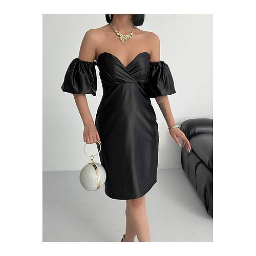 Bandeau Balon Kol Bodycon Mini Abiye Elbise