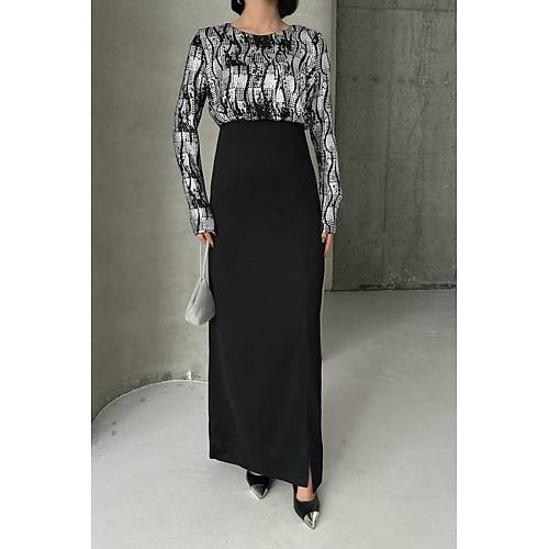 Siyah Gold Desenli Uzun Kollu k Maxi Abiye Elbise