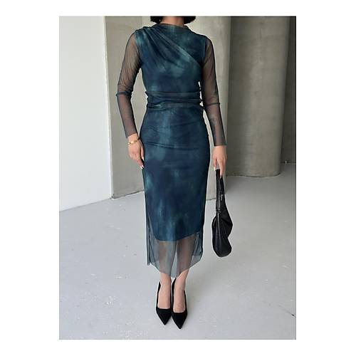 Kadn Hakim Yaka Transparan Tl Kollu Astarl Drapeli Midi Abiye Puantiyeli Elbise