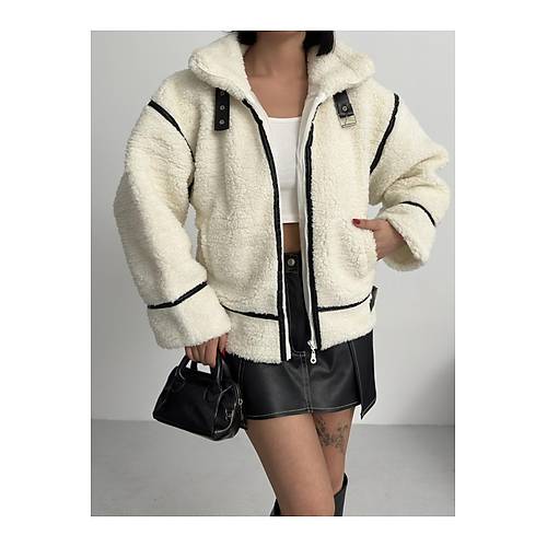 Viral Teddy Pelu� Bej Biker Ceket