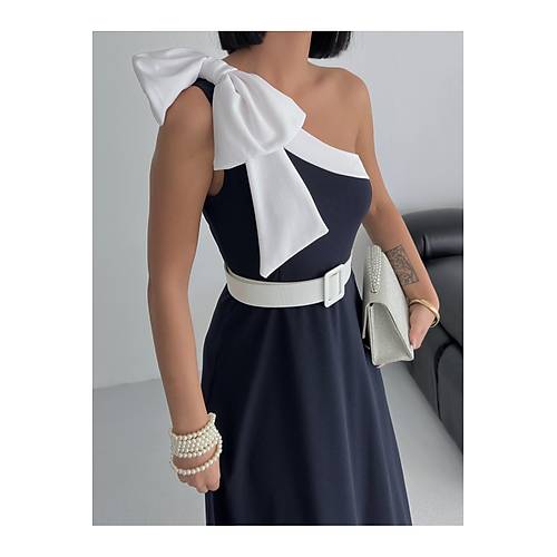 Tek Omuz Kemerli Kadn Midi Mor Abiye Elbise Fiyonk Detayl k Tasarm