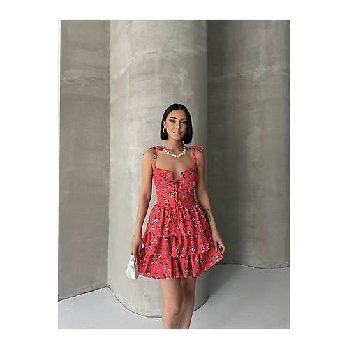 Ask�l� Elbise Ete�i Volanl� Elbise G���s Destekli K�rm�z� Mini Elbise �i�ekli Elbise Desenli Elbise