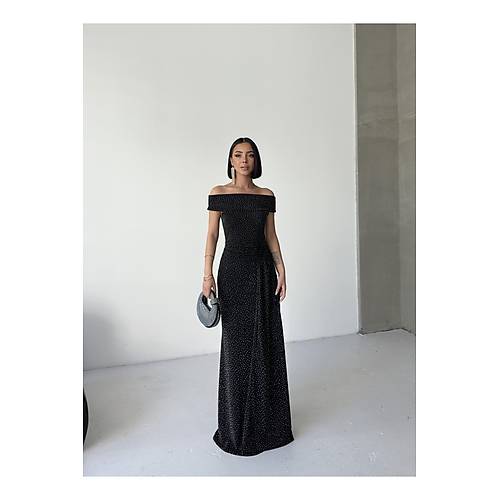 Dk Omuz Drapeli Simli Abiye Elbise