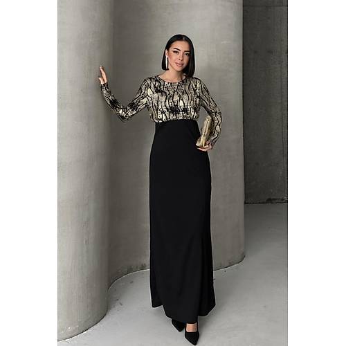 Siyah Gold Desenli Uzun Kollu k Maxi Abiye Elbise