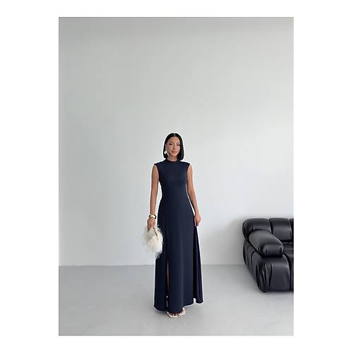 Bisiklet Yaka Yrtmal Krmz Maxi Elbise