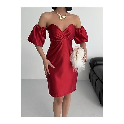 Bandeau Balon Kol Bodycon Mini Abiye Elbise