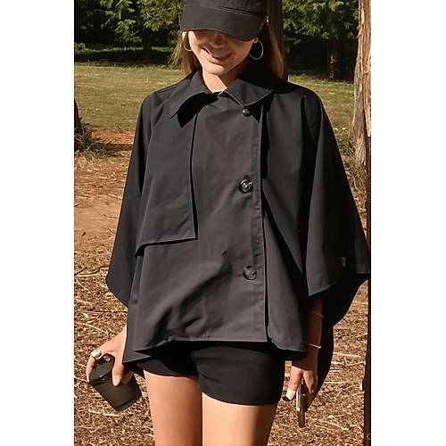 Siyah Yarasa Kol Detay Yakal Dmeli Rahat Kalp Oversize Midi Boy Trenkot