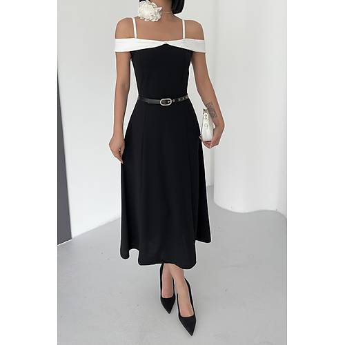 ift Renk Midi Kemerli Beyaz Elbise