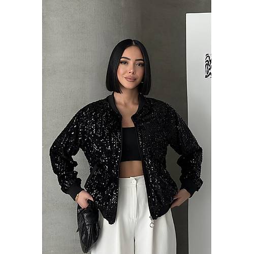 Payetli Bomber Ceket Siyah