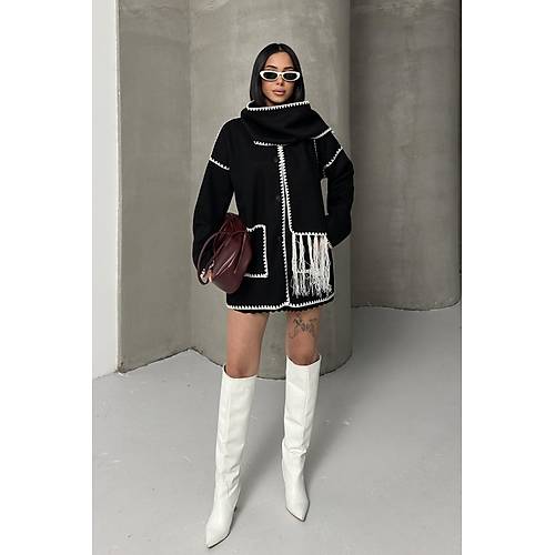 Nak Detayl Atkl Yumuak Triko Hrka Ceket Siyah