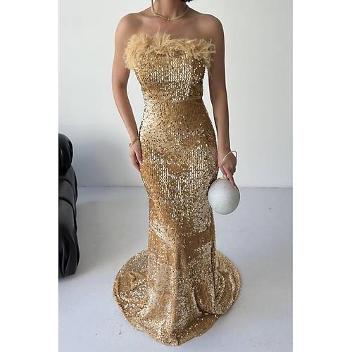 Trend Pul Payetli Ty Detayl Abiye Kadife Gri Elbise