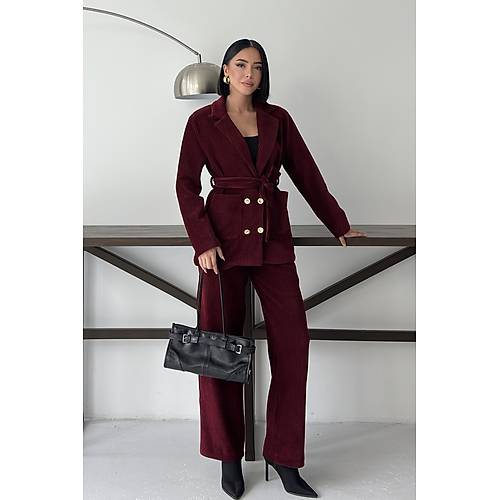Bordo Fitilli Kadife Ceket Pantolon Tak�m