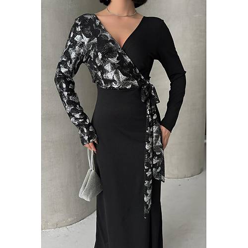 Siyah Gold Desenli Kruvaze Uzun Abiye Elbise