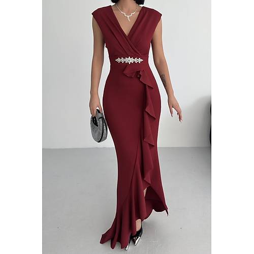 Kad�n Gri Scuba Dalg�� Kuma� Kruvaze Yaka Ete�i Volanl� Abiye Mezuniyet Nikah Elbise