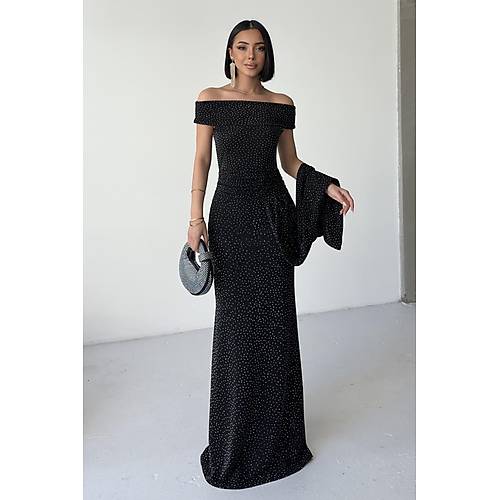 Dk Omuz Drapeli Simli Abiye Elbise