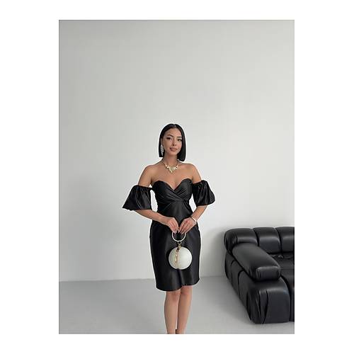 Bandeau Balon Kol Bodycon Mini Abiye Elbise